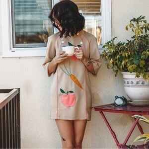 Stylish Beige Mini Dress with Fruit and Vegetable Design